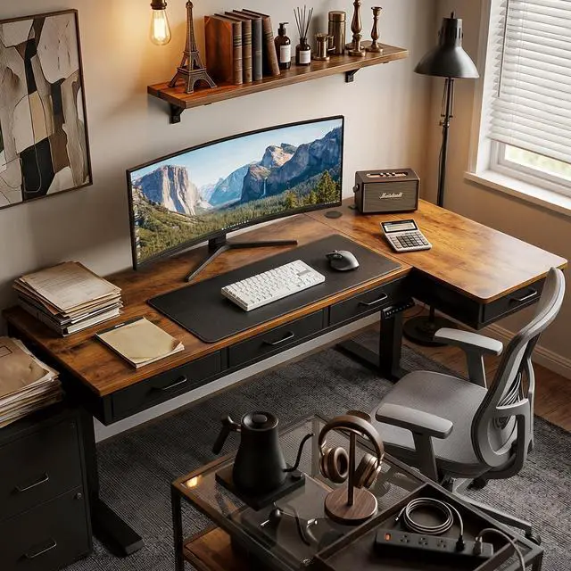 Alt view image 2 of 7 - 63 Inch L Shaped Electric Standing Desk with 4 Drawers, Rustic Brown | Reversible Corner Table, Office Desk With 4 Drawers and Outlets For Home Office, Computer Workstation And Sit Stand Use