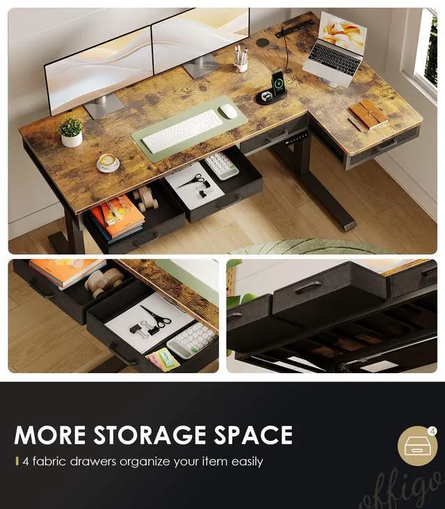 Alt view image 5 of 7 - 63 Inch L Shaped Electric Standing Desk with 4 Drawers, Rustic Brown | Reversible Corner Table, Office Desk With 4 Drawers and Outlets For Home Office, Computer Workstation And Sit Stand Use