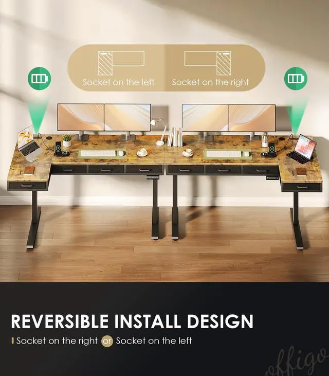 Alt view image 6 of 7 - 63 Inch L Shaped Electric Standing Desk with 4 Drawers, Rustic Brown | Reversible Corner Table, Office Desk With 4 Drawers and Outlets For Home Office, Computer Workstation And Sit Stand Use