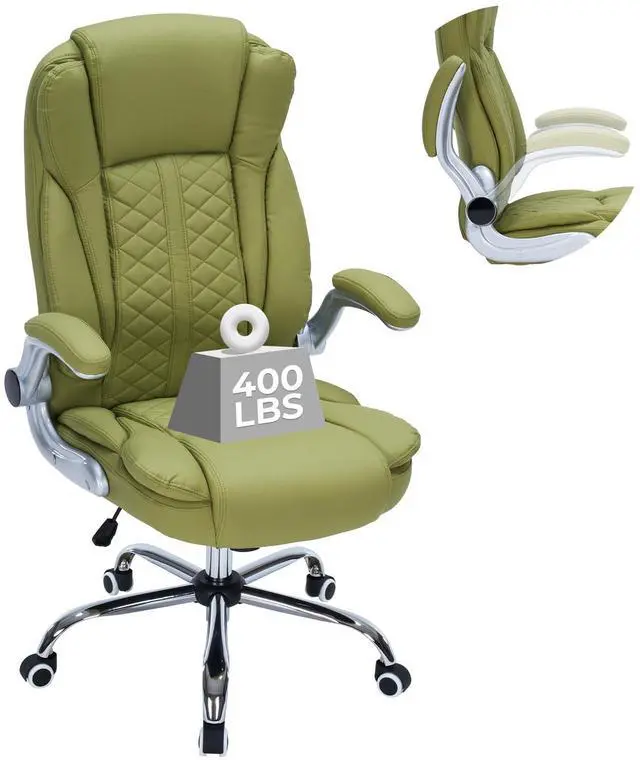 Main image of 400lbs Executive Office Chair with Flip-Up Armrests, Big and Tall Computer Chair for Heavy People, Heavy Duty Ergonomic Comfy Chair, Breathable PU Leather (Green)