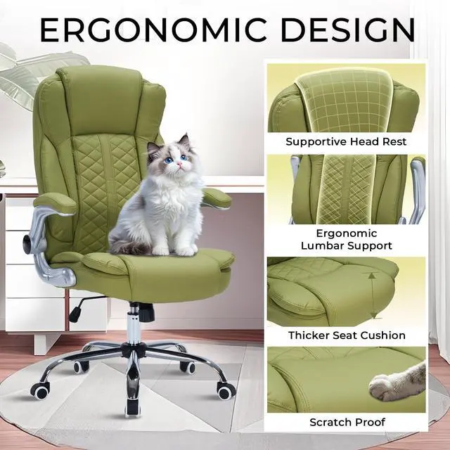 Alt view image 5 of 6 - 400lbs Executive Office Chair with Flip-Up Armrests, Big and Tall Computer Chair for Heavy People, Heavy Duty Ergonomic Comfy Chair, Breathable PU Leather (Green)