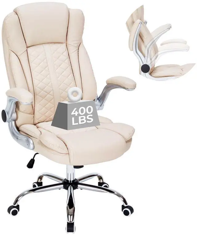 Main image of 400lbs Executive Office Chair with Flip-Up Armrests, Big and Tall Computer Chair for Heavy People, Heavy Duty Ergonomic Comfy Chair, Breathable PU Leather (Cream)