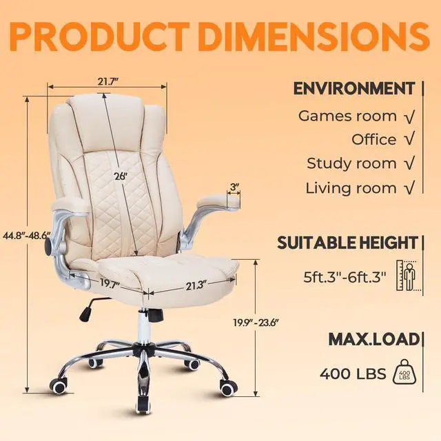 Alt view image 2 of 6 - 400lbs Executive Office Chair with Flip-Up Armrests, Big and Tall Computer Chair for Heavy People, Heavy Duty Ergonomic Comfy Chair, Breathable PU Leather (Cream)