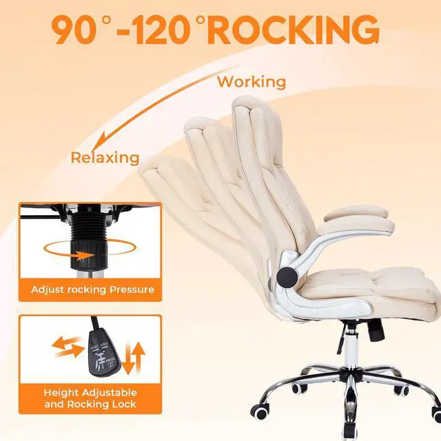 Alt view image 3 of 6 - 400lbs Executive Office Chair with Flip-Up Armrests, Big and Tall Computer Chair for Heavy People, Heavy Duty Ergonomic Comfy Chair, Breathable PU Leather (Cream)