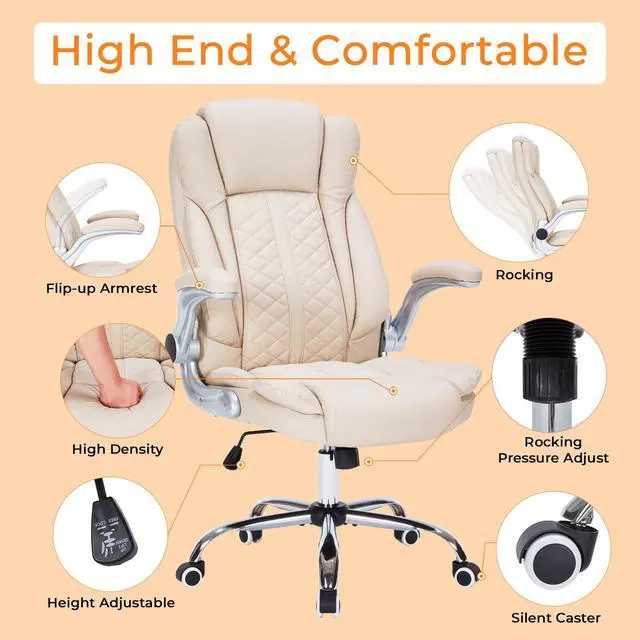 Alt view image 4 of 6 - 400lbs Executive Office Chair with Flip-Up Armrests, Big and Tall Computer Chair for Heavy People, Heavy Duty Ergonomic Comfy Chair, Breathable PU Leather (Cream)