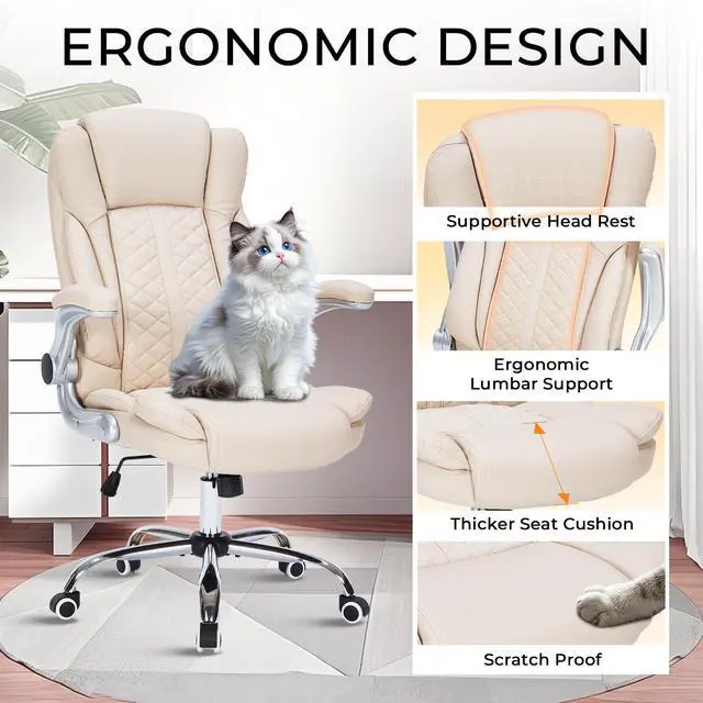 Alt view image 5 of 6 - 400lbs Executive Office Chair with Flip-Up Armrests, Big and Tall Computer Chair for Heavy People, Heavy Duty Ergonomic Comfy Chair, Breathable PU Leather (Cream)