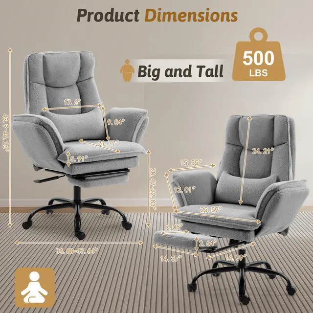 Alt view image 2 of 7 - Wider Seat Office Chair with Flip Armrests for Criss Cross Legged&Cats, Big and Tall Executive Ergonomic Reclining Chair with Footrest&Lumbar Pillow, Teddy Fleece Desk Chair,Grey Vanity Chair