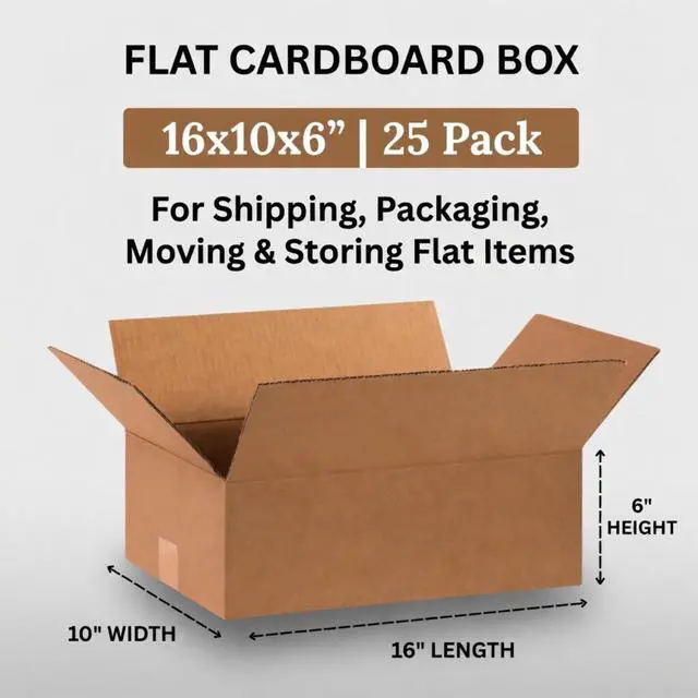 Alt view image 2 of 4 - Shipping Boxes 16"L x 10"W x 6"H (25-Pack) | Flat Corrugated Cardboard Single-Wall Kraft Boxes for Moving, Packing and Storage
