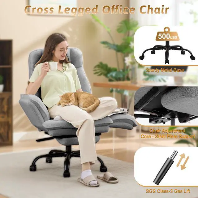 Alt view image 3 of 7 - Wider Seat Office Chair with Flip Armrests for Criss Cross Legged&Cats, Big and Tall Executive Ergonomic Reclining Chair with Footrest&Lumbar Pillow, Teddy Fleece Desk Chair,Grey Vanity Chair