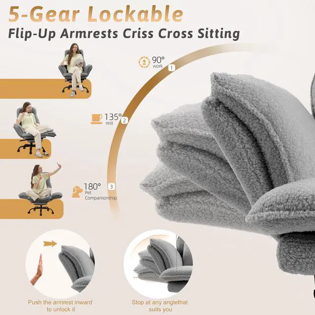 Alt view image 4 of 7 - Wider Seat Office Chair with Flip Armrests for Criss Cross Legged&Cats, Big and Tall Executive Ergonomic Reclining Chair with Footrest&Lumbar Pillow, Teddy Fleece Desk Chair,Grey Vanity Chair