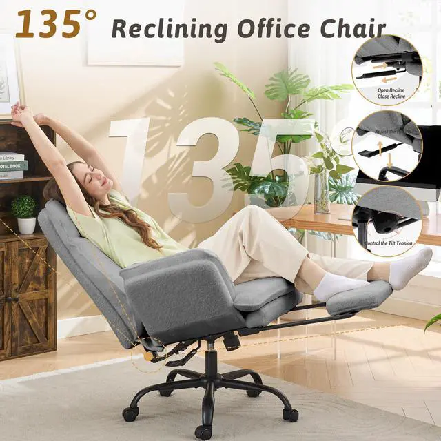 Alt view image 6 of 7 - Wider Seat Office Chair with Flip Armrests for Criss Cross Legged&Cats, Big and Tall Executive Ergonomic Reclining Chair with Footrest&Lumbar Pillow, Teddy Fleece Desk Chair,Grey Vanity Chair