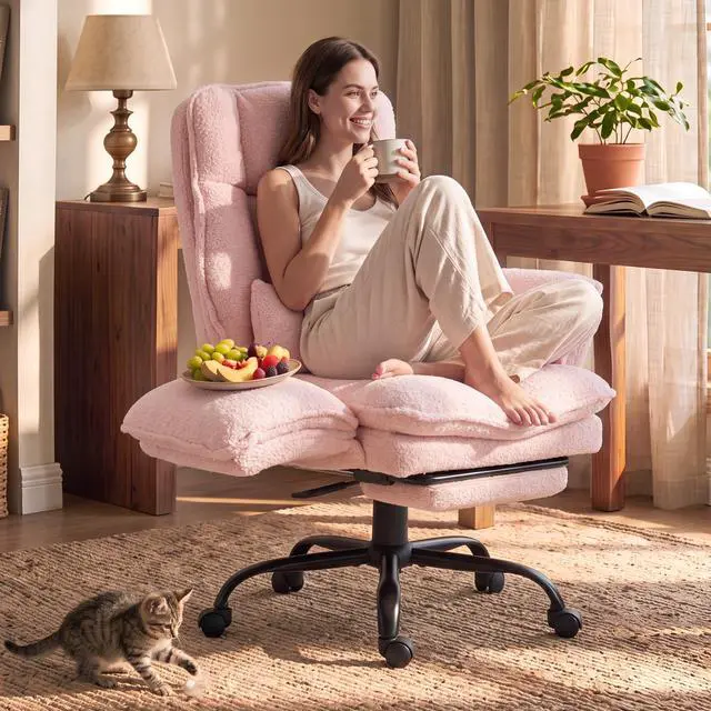 Main image of Wider Seat Office Chair with Flip Armrests for Criss Cross Legged&Cats, Big and Tall Executive Ergonomic Reclining Chair with Footrest&Lumbar Pillow, Teddy Fleece Desk Chair,Pink Vanity Chair