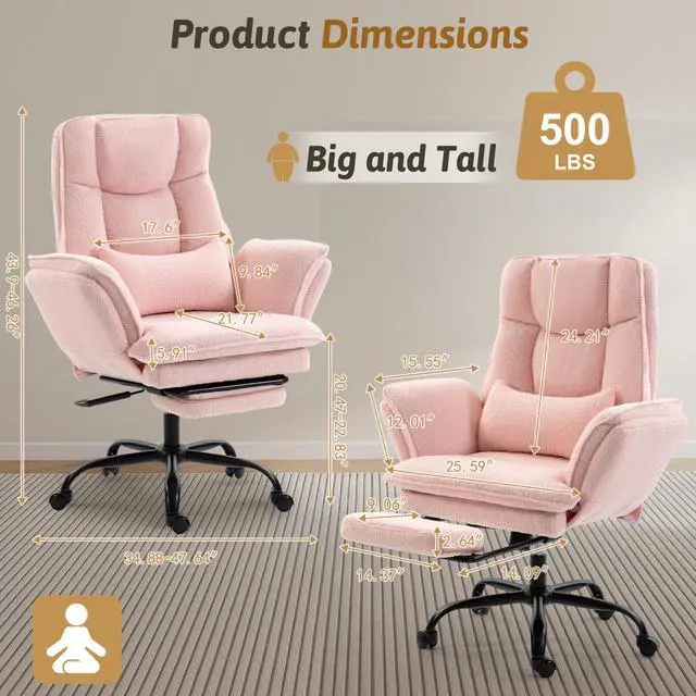 Alt view image 2 of 7 - Wider Seat Office Chair with Flip Armrests for Criss Cross Legged&Cats, Big and Tall Executive Ergonomic Reclining Chair with Footrest&Lumbar Pillow, Teddy Fleece Desk Chair,Pink Vanity Chair