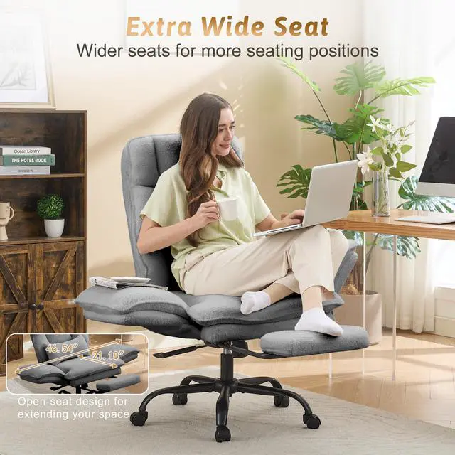 Alt view image 7 of 7 - Wider Seat Office Chair with Flip Armrests for Criss Cross Legged&Cats, Big and Tall Executive Ergonomic Reclining Chair with Footrest&Lumbar Pillow, Teddy Fleece Desk Chair,Grey Vanity Chair