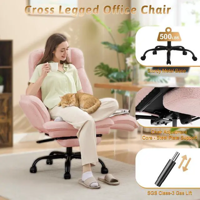 Alt view image 3 of 7 - Wider Seat Office Chair with Flip Armrests for Criss Cross Legged&Cats, Big and Tall Executive Ergonomic Reclining Chair with Footrest&Lumbar Pillow, Teddy Fleece Desk Chair,Pink Vanity Chair