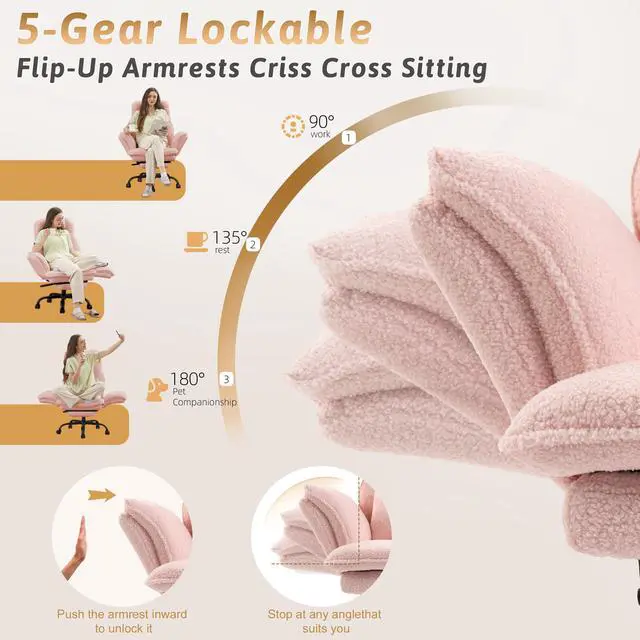 Alt view image 4 of 7 - Wider Seat Office Chair with Flip Armrests for Criss Cross Legged&Cats, Big and Tall Executive Ergonomic Reclining Chair with Footrest&Lumbar Pillow, Teddy Fleece Desk Chair,Pink Vanity Chair