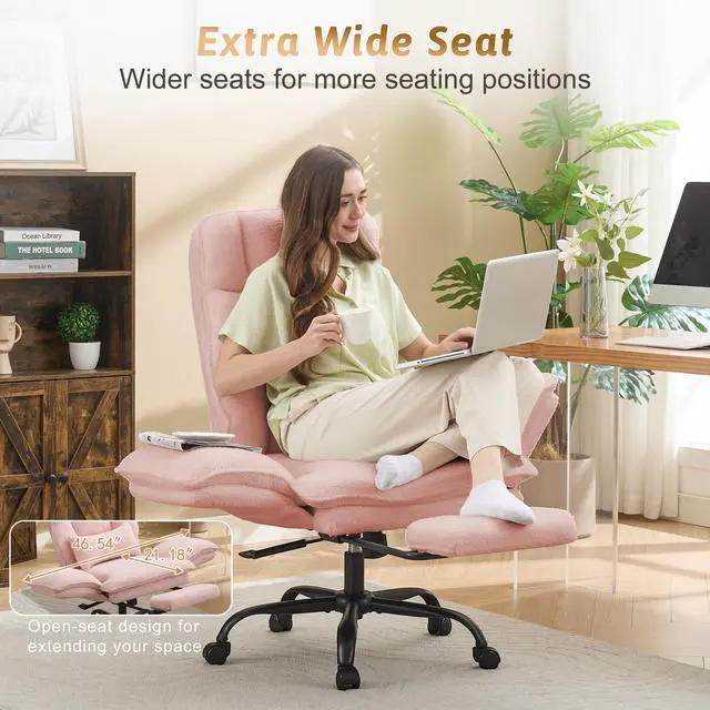 Alt view image 6 of 7 - Wider Seat Office Chair with Flip Armrests for Criss Cross Legged&Cats, Big and Tall Executive Ergonomic Reclining Chair with Footrest&Lumbar Pillow, Teddy Fleece Desk Chair,Pink Vanity Chair