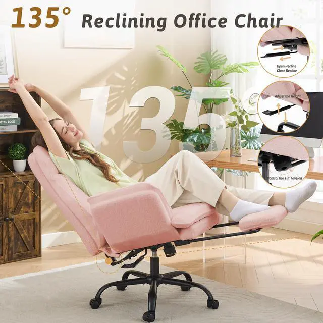 Alt view image 7 of 7 - Wider Seat Office Chair with Flip Armrests for Criss Cross Legged&Cats, Big and Tall Executive Ergonomic Reclining Chair with Footrest&Lumbar Pillow, Teddy Fleece Desk Chair,Pink Vanity Chair