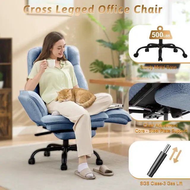 Alt view image 2 of 7 - Wider Seat Office Chair with Flip Armrests for Criss Cross Legged&Cats, Big and Tall Executive Ergonomic Reclining Chair with Footrest&Lumbar Pillow, Teddy Fleece Desk Chair,Blue Vanity Chair