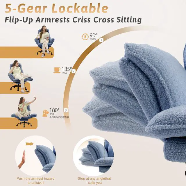 Alt view image 3 of 7 - Wider Seat Office Chair with Flip Armrests for Criss Cross Legged&Cats, Big and Tall Executive Ergonomic Reclining Chair with Footrest&Lumbar Pillow, Teddy Fleece Desk Chair,Blue Vanity Chair