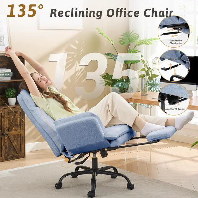 Alt view image 4 of 7 - Wider Seat Office Chair with Flip Armrests for Criss Cross Legged&Cats, Big and Tall Executive Ergonomic Reclining Chair with Footrest&Lumbar Pillow, Teddy Fleece Desk Chair,Blue Vanity Chair