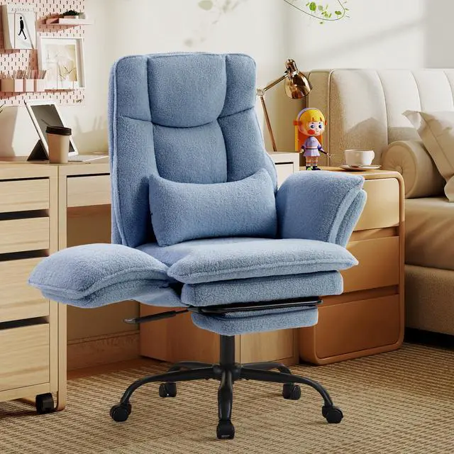 Alt view image 5 of 7 - Wider Seat Office Chair with Flip Armrests for Criss Cross Legged&Cats, Big and Tall Executive Ergonomic Reclining Chair with Footrest&Lumbar Pillow, Teddy Fleece Desk Chair,Blue Vanity Chair