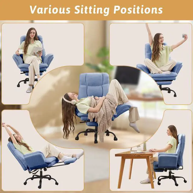 Alt view image 6 of 7 - Wider Seat Office Chair with Flip Armrests for Criss Cross Legged&Cats, Big and Tall Executive Ergonomic Reclining Chair with Footrest&Lumbar Pillow, Teddy Fleece Desk Chair,Blue Vanity Chair