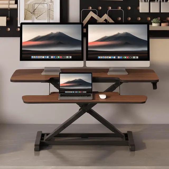 Alt view image 2 of 7 - Standing Desk Converter 42" Premium Large Desk Riser for Triple Monitor, Spacious Desktop Sit Stand Workstation with Ergonomic Height Adjustment, Modern Stand Up Desk Riser, Walnut