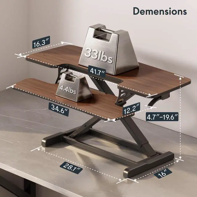 Alt view image 3 of 7 - Standing Desk Converter 42" Premium Large Desk Riser for Triple Monitor, Spacious Desktop Sit Stand Workstation with Ergonomic Height Adjustment, Modern Stand Up Desk Riser, Walnut