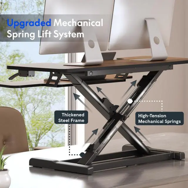 Alt view image 4 of 7 - Standing Desk Converter 42" Premium Large Desk Riser for Triple Monitor, Spacious Desktop Sit Stand Workstation with Ergonomic Height Adjustment, Modern Stand Up Desk Riser, Walnut