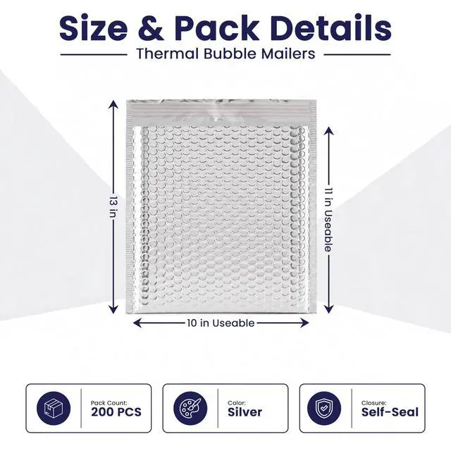 Alt view image 2 of 4 - Waterproof Insulated Foil Thermal Bubble Mailers 10x11, 200-Pack | Ideal for food, skincare, cosmetics & perishables. Tear-resistant metallic lining protects temperature-sensitive items