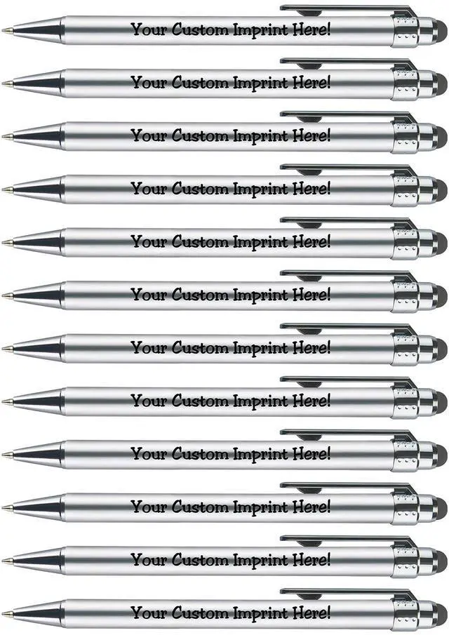 Main image of Personalized Pens with Stylus Tip -Bright Vibes- Click action - Custom - Black writing - Printed Name pens - Imprinted with Your Logo or Message - FREE PERSONALIZATION - 12 Pens/Box (Silver)