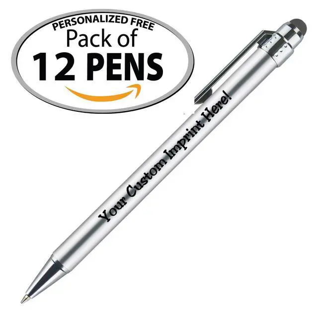 Alt view image 2 of 6 - Personalized Pens with Stylus Tip -Bright Vibes- Click action - Custom - Black writing - Printed Name pens - Imprinted with Your Logo or Message - FREE PERSONALIZATION - 12 Pens/Box (Silver)