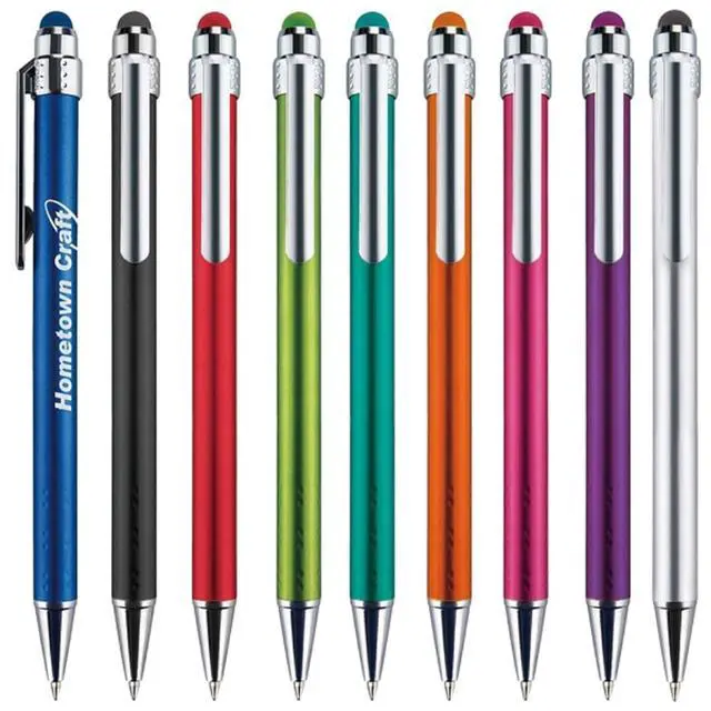 Alt view image 5 of 6 - Personalized Pens with Stylus Tip -Bright Vibes- Click action - Custom - Black writing - Printed Name pens - Imprinted with Your Logo or Message - FREE PERSONALIZATION - 12 Pens/Box (Silver)