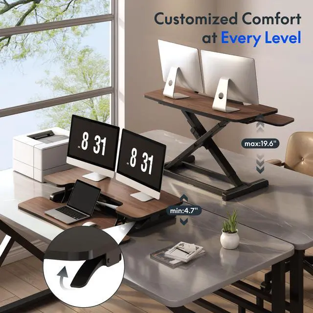Alt view image 5 of 7 - Standing Desk Converter 42" Premium Large Desk Riser for Triple Monitor, Spacious Desktop Sit Stand Workstation with Ergonomic Height Adjustment, Modern Stand Up Desk Riser, Walnut