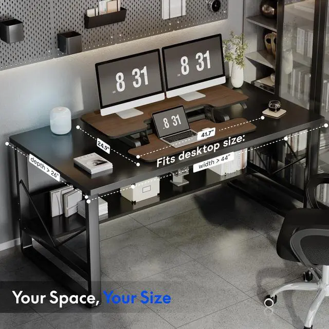 Alt view image 7 of 7 - Standing Desk Converter 42" Premium Large Desk Riser for Triple Monitor, Spacious Desktop Sit Stand Workstation with Ergonomic Height Adjustment, Modern Stand Up Desk Riser, Walnut