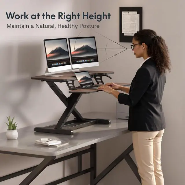 Alt view image 6 of 7 - Standing Desk Converter 42" Premium Large Desk Riser for Triple Monitor, Spacious Desktop Sit Stand Workstation with Ergonomic Height Adjustment, Modern Stand Up Desk Riser, Walnut