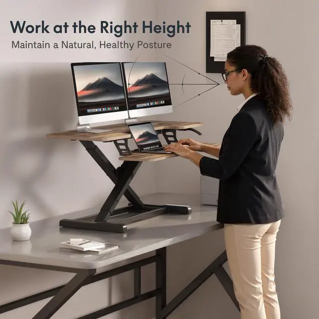 Alt view image 4 of 7 - Standing Desk Converter 42" Extra Large Desk Riser, Spacious Desktop Riser Sit Stand Computer Workstation with Wide Keyboard Tray, Ergonomic Height Adjustable Stand Up Desk Converter, Black