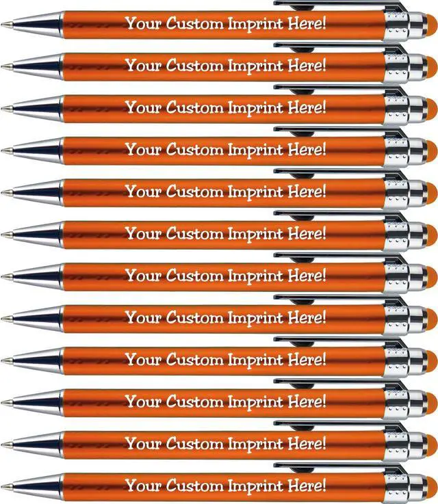 Main image of Personalized Pens with Stylus Tip -Bright Vibes- Click action - Custom - Black writing - Printed Name pens - Imprinted with Your Logo or Message - FREE PERSONALIZATION - 12 Pens/Box (Orange)