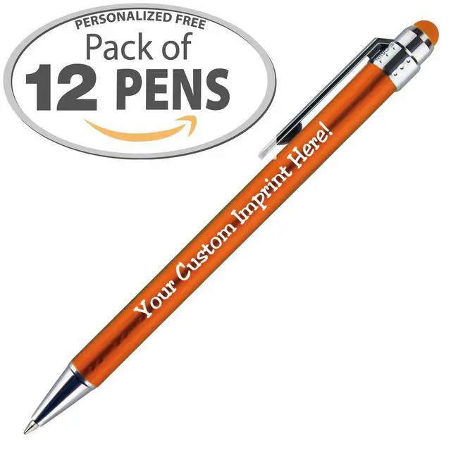 Alt view image 2 of 6 - Personalized Pens with Stylus Tip -Bright Vibes- Click action - Custom - Black writing - Printed Name pens - Imprinted with Your Logo or Message - FREE PERSONALIZATION - 12 Pens/Box (Orange)