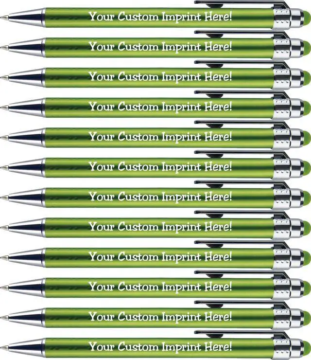 Main image of Personalized Pens with Stylus Tip -Bright Vibes- Click action - Custom - Black writing - Printed Name pens - Imprinted with Your Logo or Message - FREE PERSONALIZATION - 12 Pens/Box (Green)