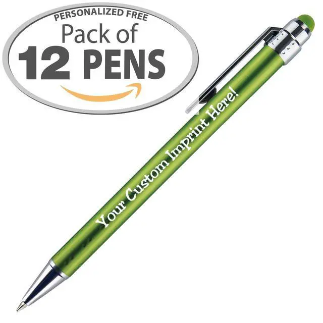 Alt view image 2 of 6 - Personalized Pens with Stylus Tip -Bright Vibes- Click action - Custom - Black writing - Printed Name pens - Imprinted with Your Logo or Message - FREE PERSONALIZATION - 12 Pens/Box (Green)