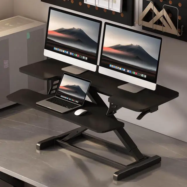 Alt view image 2 of 7 - Standing Desk Converter 42", Extra Large Ergonomic Height Adjustable Sit Stand Desk Riser, Spacious Computer Workstation with Wide Keyboard Tray, Black
