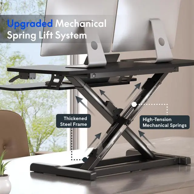 Alt view image 4 of 7 - Standing Desk Converter 42", Extra Large Ergonomic Height Adjustable Sit Stand Desk Riser, Spacious Computer Workstation with Wide Keyboard Tray, Black