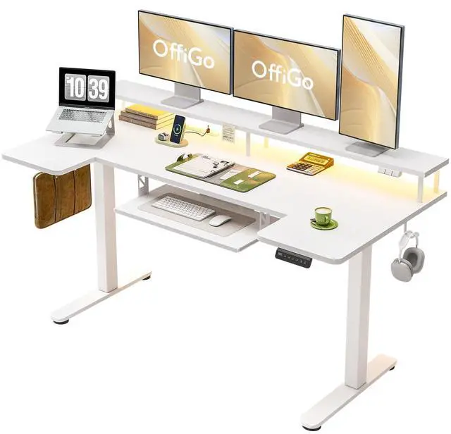 Main image of 63 Inch U Shaped Electric Standing Desk with Keyboard Tray, White | Power Outlet, Monitor Stand, LED Light, 3 Presets, 28.3"-46.5"in Range, 154 lb Capacity
