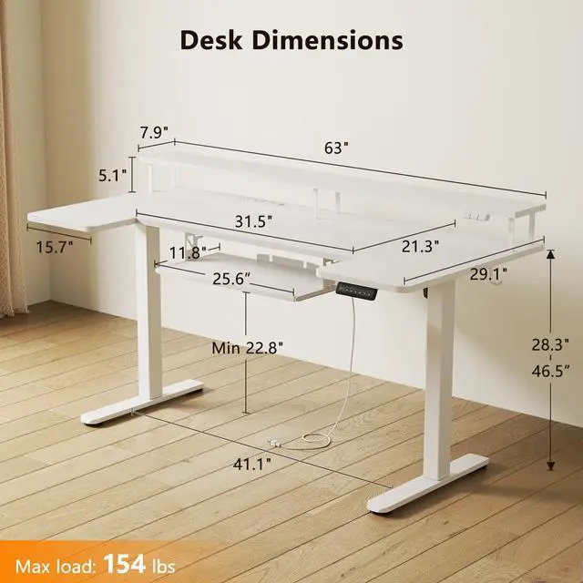 Alt view image 3 of 7 - 63 Inch U Shaped Electric Standing Desk with Keyboard Tray, White | Power Outlet, Monitor Stand, LED Light, 3 Presets, 28.3"-46.5"in Range, 154 lb Capacity