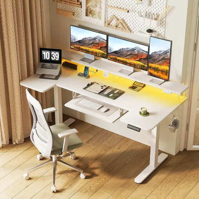 Alt view image 2 of 7 - 63 Inch U Shaped Electric Standing Desk with Keyboard Tray, White | Power Outlet, Monitor Stand, LED Light, 3 Presets, 28.3"-46.5"in Range, 154 lb Capacity