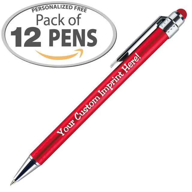 Alt view image 2 of 5 - Personalized Pens with Stylus Tip -Bright Vibes- Click action - Custom - Black writing - Printed Name pens - Imprinted with Your Logo or Message - FREE PERSONALIZATION - 12 Pens/Box (Red)