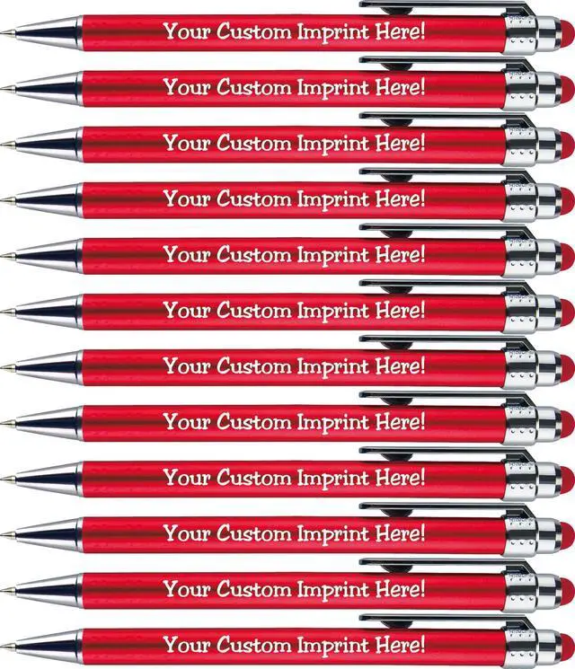 Main image of Personalized Pens with Stylus Tip -Bright Vibes- Click action - Custom - Black writing - Printed Name pens - Imprinted with Your Logo or Message - FREE PERSONALIZATION - 12 Pens/Box (Red)