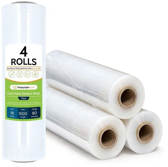 Alt view image 2 of 7 - PSBM Cast Hand Plastic Stretch Wrap/Shrink Film 18" x 1500 Ft 80 GA 4 Rolls | Heavy Duty up to 800% Ultimate Stretch Clear Plastic Wrap Industrial Strength Shrink Film for Moving, Packing & Shipping